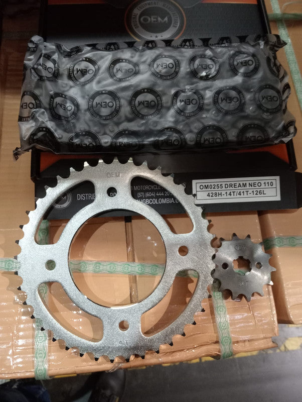 Kit de Arrastre 14x41 4 Huecos (Cadena 428H-126) para Motocicleta Honda Dream Neo 110 - Marca OEM (Calidad Original) (Despacho 4 a 5 días hábiles)