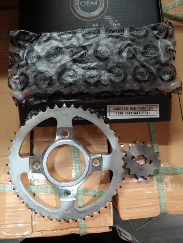 Kit de Arrastre 14x44 4 Huecos (Cadena 428H-124) para Motocicleta Hero Ignitor 125 - Marca OEM (Calidad Original) (Despacho 4 a 5 días hábiles)