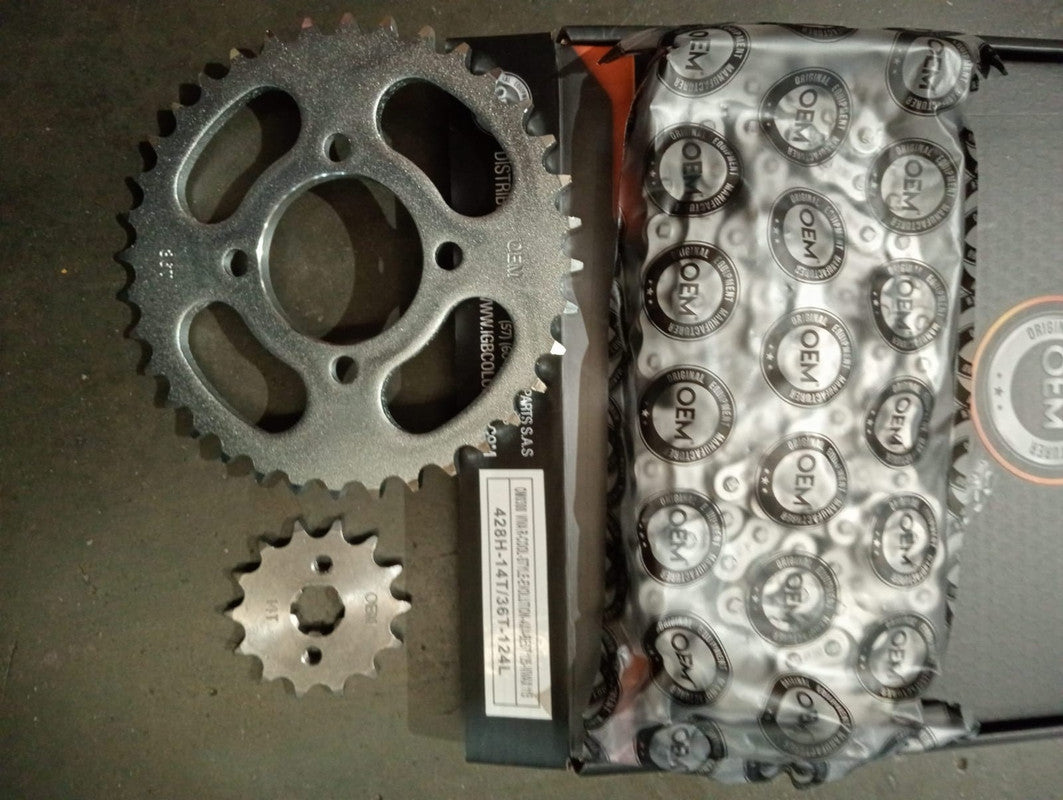 Kit de Arrastre 14x36 4 Huecos (Cadena 428H-124) para Motocicleta Suzuki Viva R (Cool/Style/Evolution), AX4, Best 125, Vivax 115 - Marca OEM (Calidad Original) (Despacho 4 a 5 días hábiles)