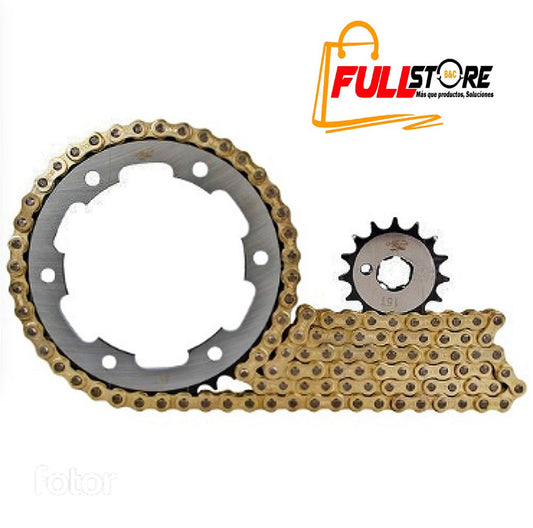 Kit de Arrastre 15x41 (Cadena Dorada 428H-132) para Motocicleta Yamaha FZ 2.0 - FI (Freno de Disco, Modelo 2020) - Marca Revo Scorpion (Alta Resistencia) (Despacho 4 a 5 días hábiles)
