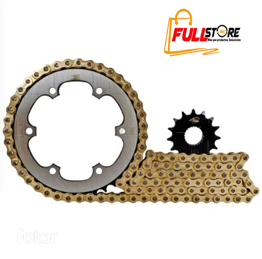 Kit de Arrastre 15x46 (Cadena Dorada 428H-140) para Motocicleta Yamaha FZ 25 - Marca Revo Scorpion (Alta Resistencia) (Despacho 4 a 5 días hábiles)