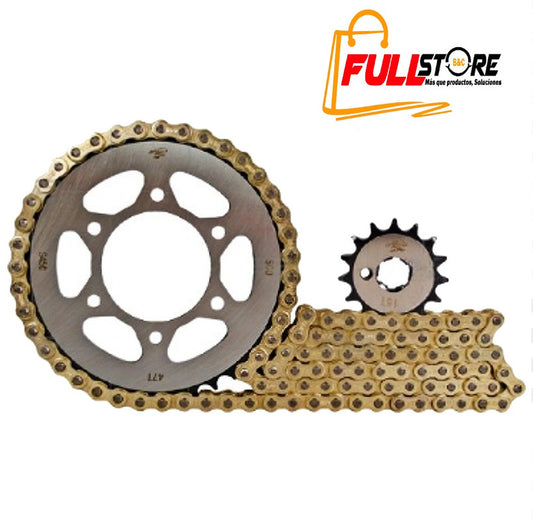 Kit de Arrastre 15x47 (Cadena Dorada 428H-132) para Motocicleta Yamaha R15 V1 (Modelos Anteriores a 2015) - Marca Revo Scorpion (Alta Resistencia) (Despacho 4 a 5 días hábiles)
