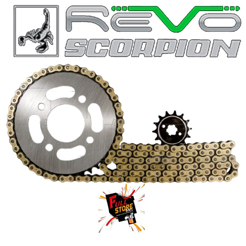 Kit de Arrastre 14x42 (Cadena Dorada 428H-132) para Motocicleta Bajaj Discover 125 ST, Discover 150 ST, Pulsar 135, Pulsar 125 NS - Marca Revo Scorpion (Alta Resistencia) (Despacho 4 a 5 días hábiles)