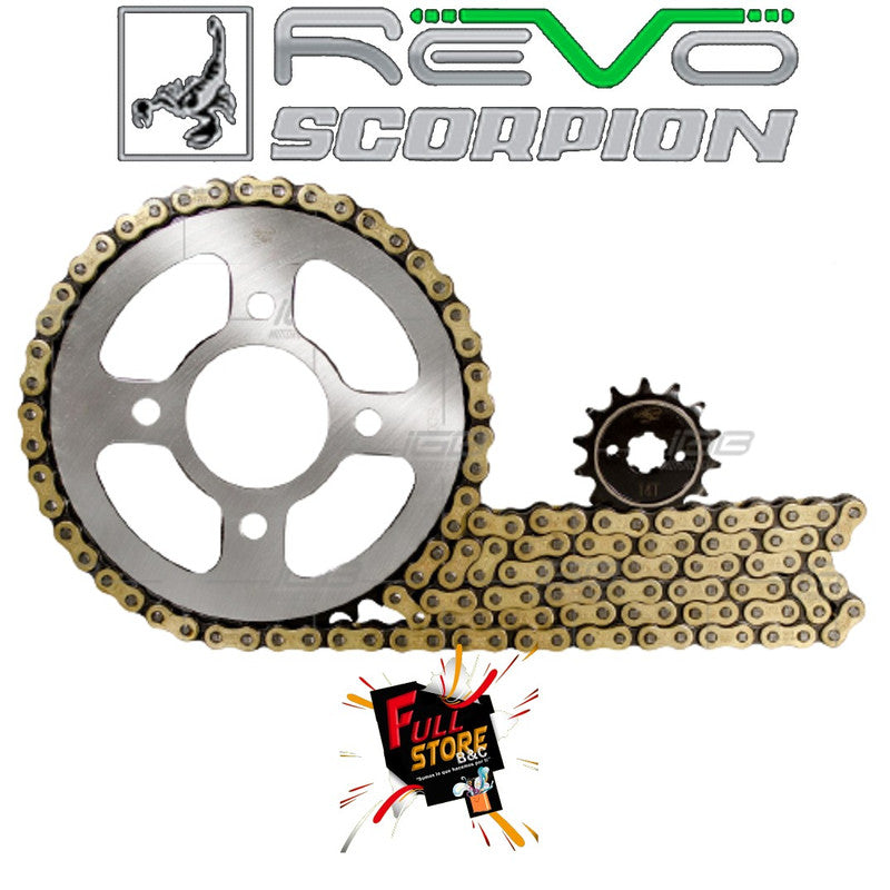 Kit de Arrastre 15x44 4 Huecos (Cadena Dorada 428H-132) para Motocicleta Bajaj Pulsar 135, Pulsar 125 NS, Discover 125 ST, Discover 150 ST - Marca Revo Scorpion (Alta Resistencia) (Despacho 4 a 5 días hábiles)